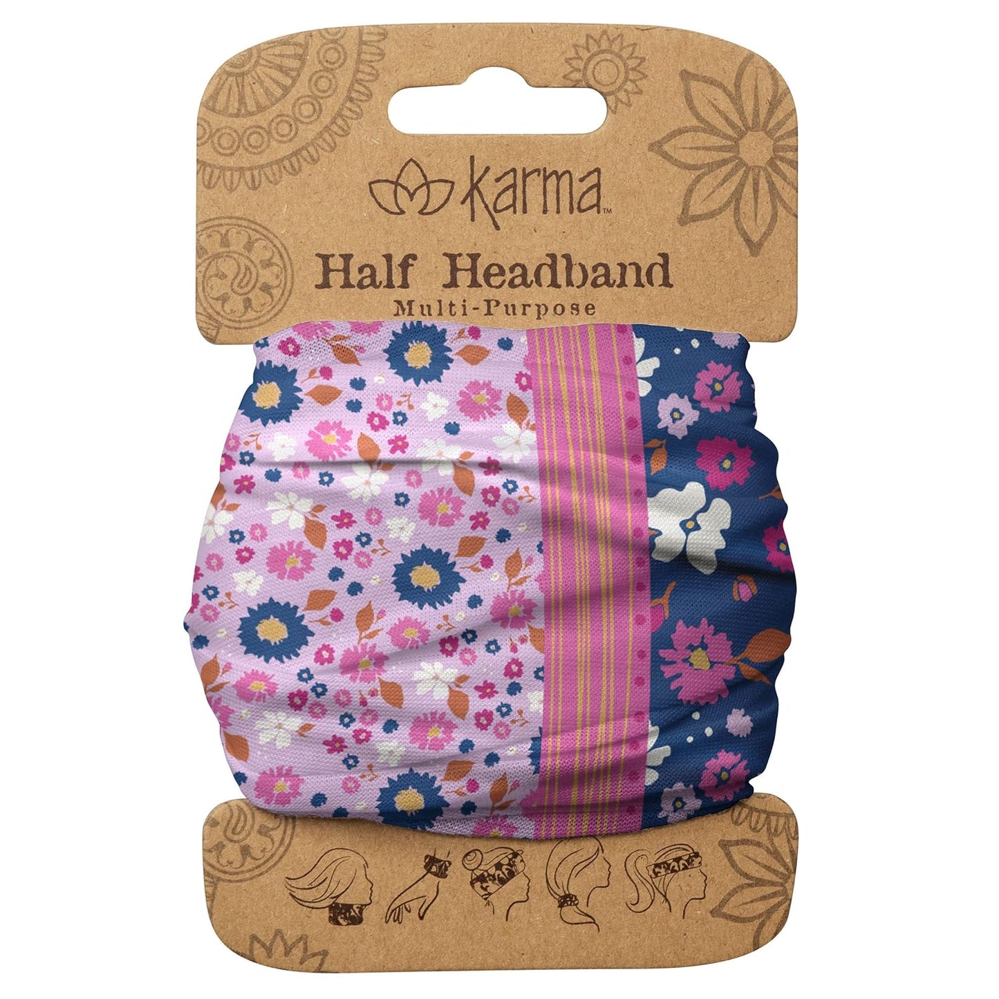 Floral Headband for Women | Stretchy Fabric Hair Scarf - Light Tan & Blue - Medium Size