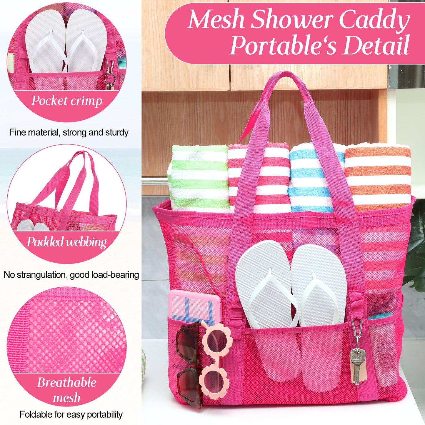 Hillban Large Beach Mesh Bags Bulk for Women Beach Tote Bag with 8 Pocket Zipper Waterproof Sandproof for Pool Cruise Ship(Rose Red,3 Pcs)