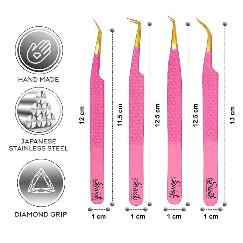 SIVOTE Fiber Tip eyelash tweezers for lash extensions with Diamond Grip, Pink, Set of 4 - Precise Tips Japanese Steel for Classic, Volume & Mega Volume Lashes, Anti-Rust - Ideal for Lash Artists