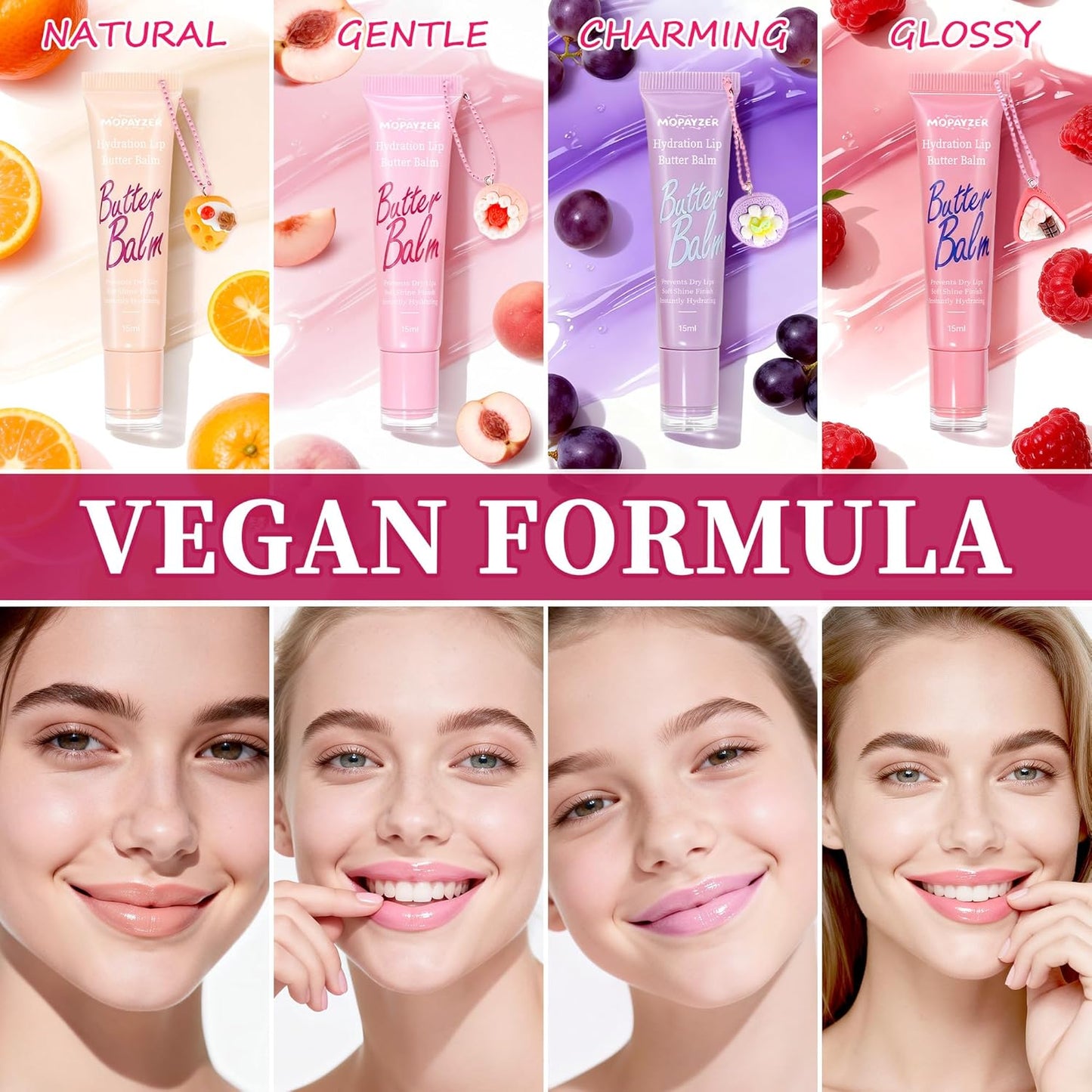 Glossy Lip Gloss Set - 4PCS High Shine Lip Makeup Kit for Teen Girls & Women | Long-Lasting with Cute Charms