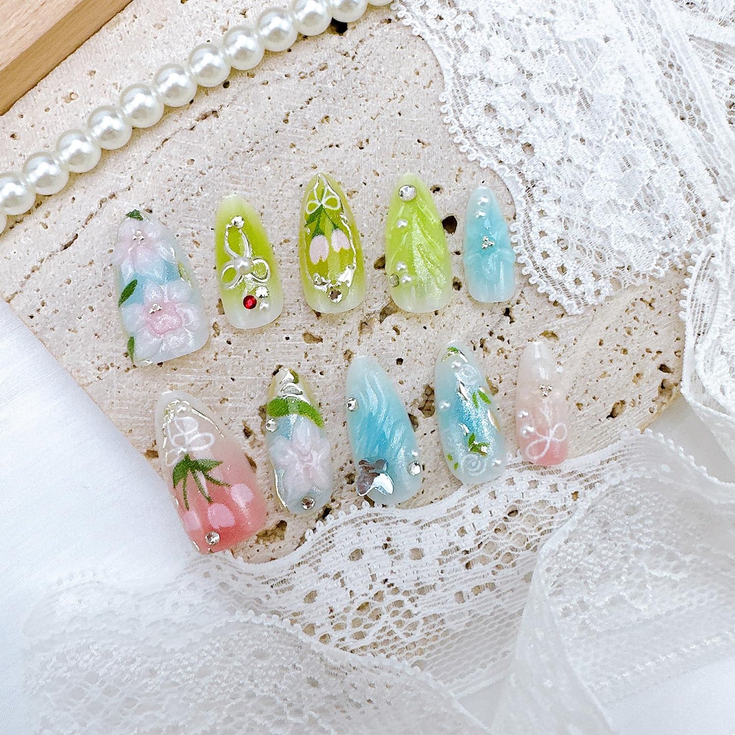 Medium Almond Press-On Nails - 30 Pcs Butterfly Pearl Rhinestones & 3D Flower Designs | Cute Floral Acrylic Full Cover