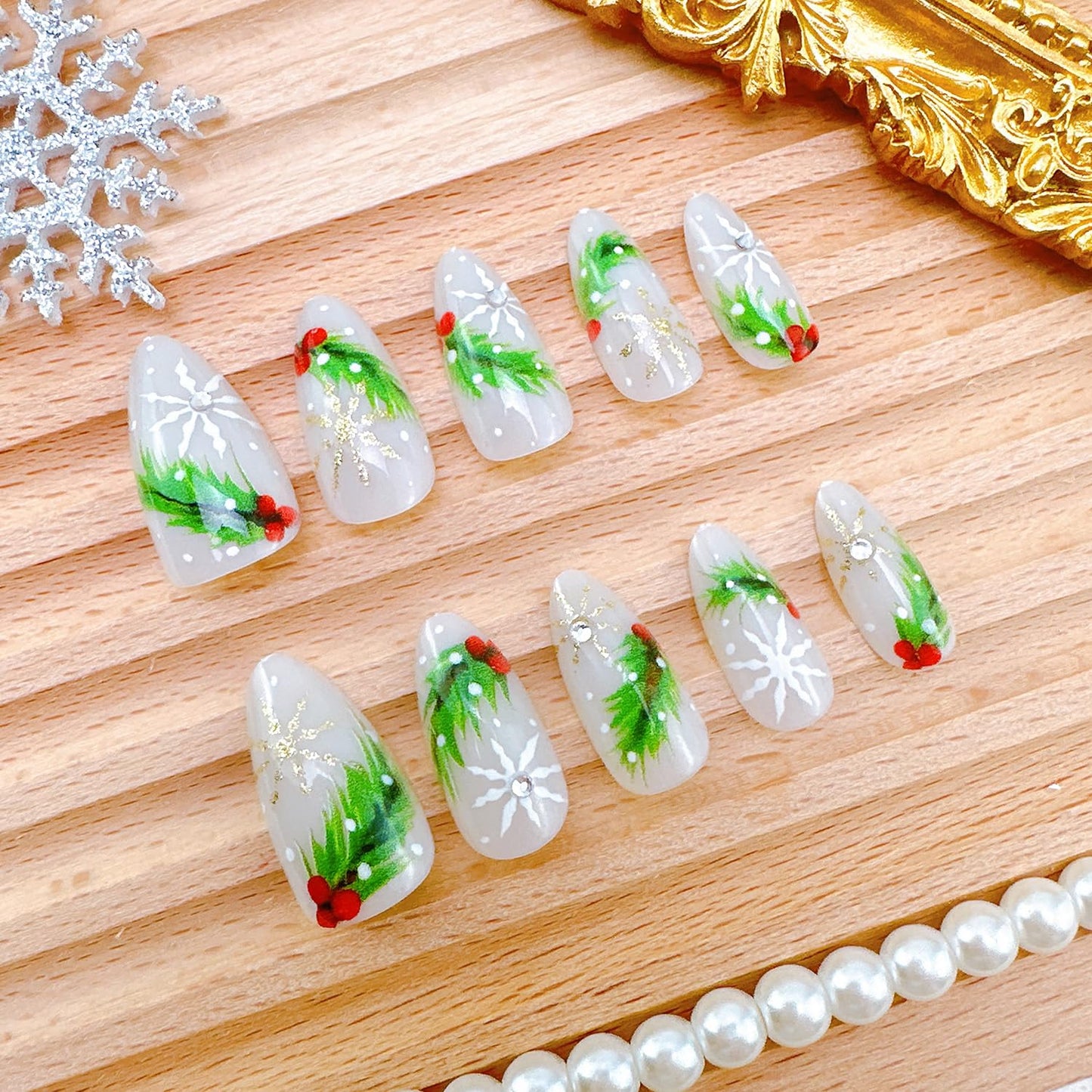 Christmas Press-On Nails - Medium Almond Winter Snowflake Design | 24 Pcs Acrylic Full Cover with Diamond Accents