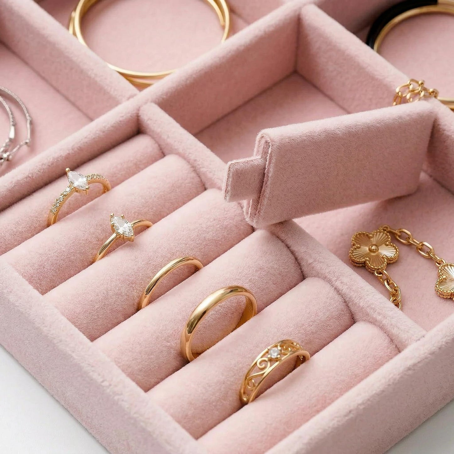 Velvet Jewelry Drawer Organizer Trays, 4-Layer Stackable Jewelry Storage Inserts Set, PINK Jewelry Tray Set for Earrings, Rings, Necklaces and Bracelets, Removable Dividers for Dresser Drawer