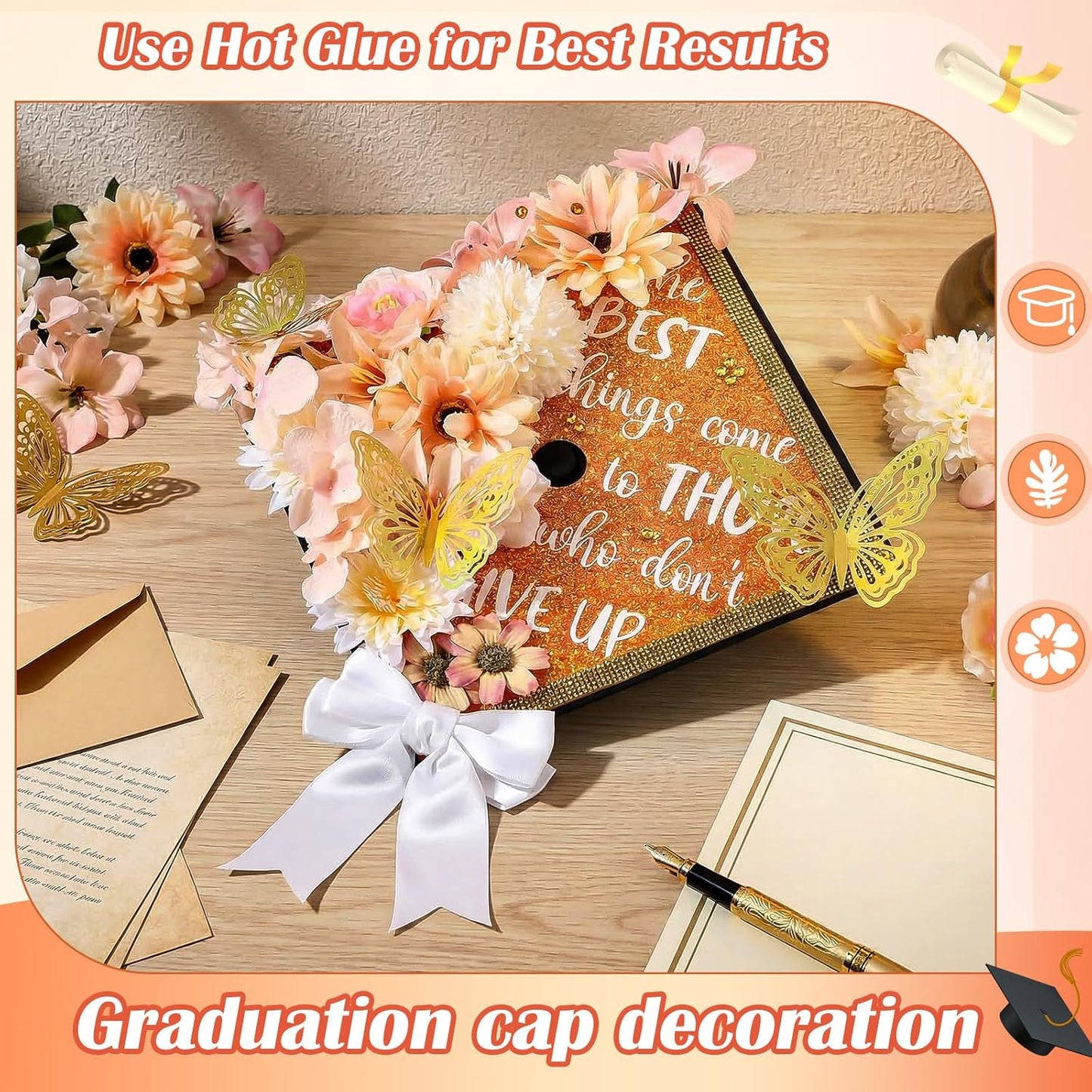 DIY Graduation Cap Decorations Kit - 40 Pcs with Flowers, 3D Butterflies & Rhinestones | Orange