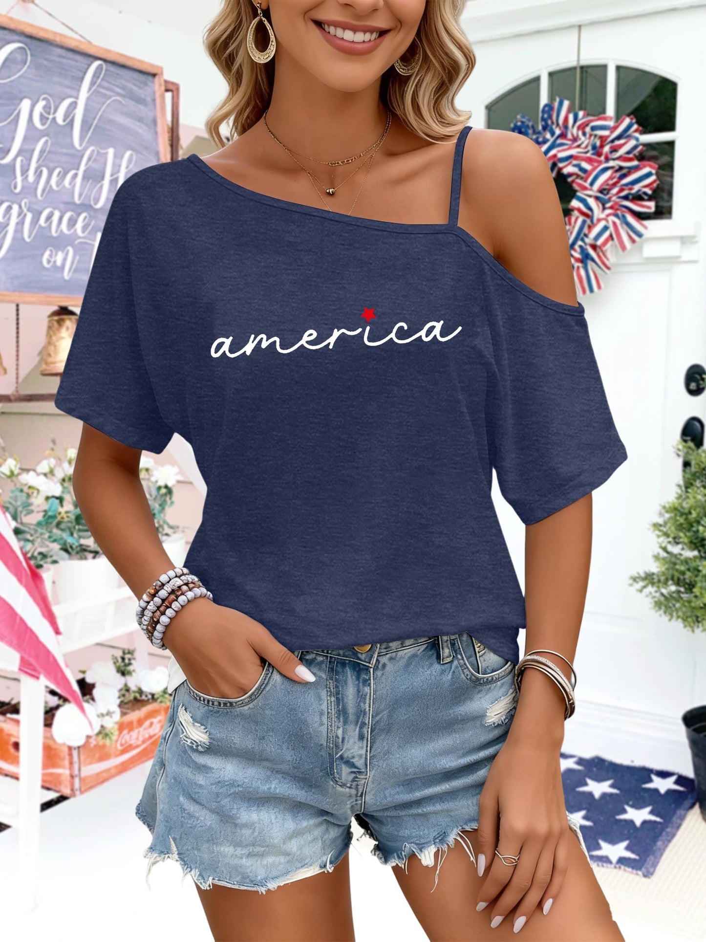 PECHAR 4th of July Shirts Women USA Patriotic Off Shoulder T Shirt American Flag Spaghetti Strap Tees Loose Fit Tops