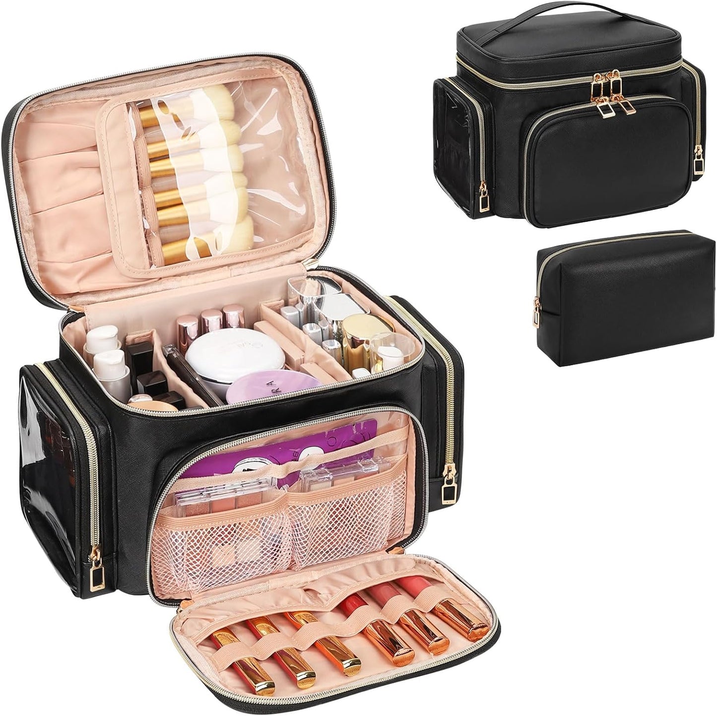 Large Makeup Bag Organizer for Women - Portable Travel Cosmetic Bag with Brush Compartment & Side Pockets | Black