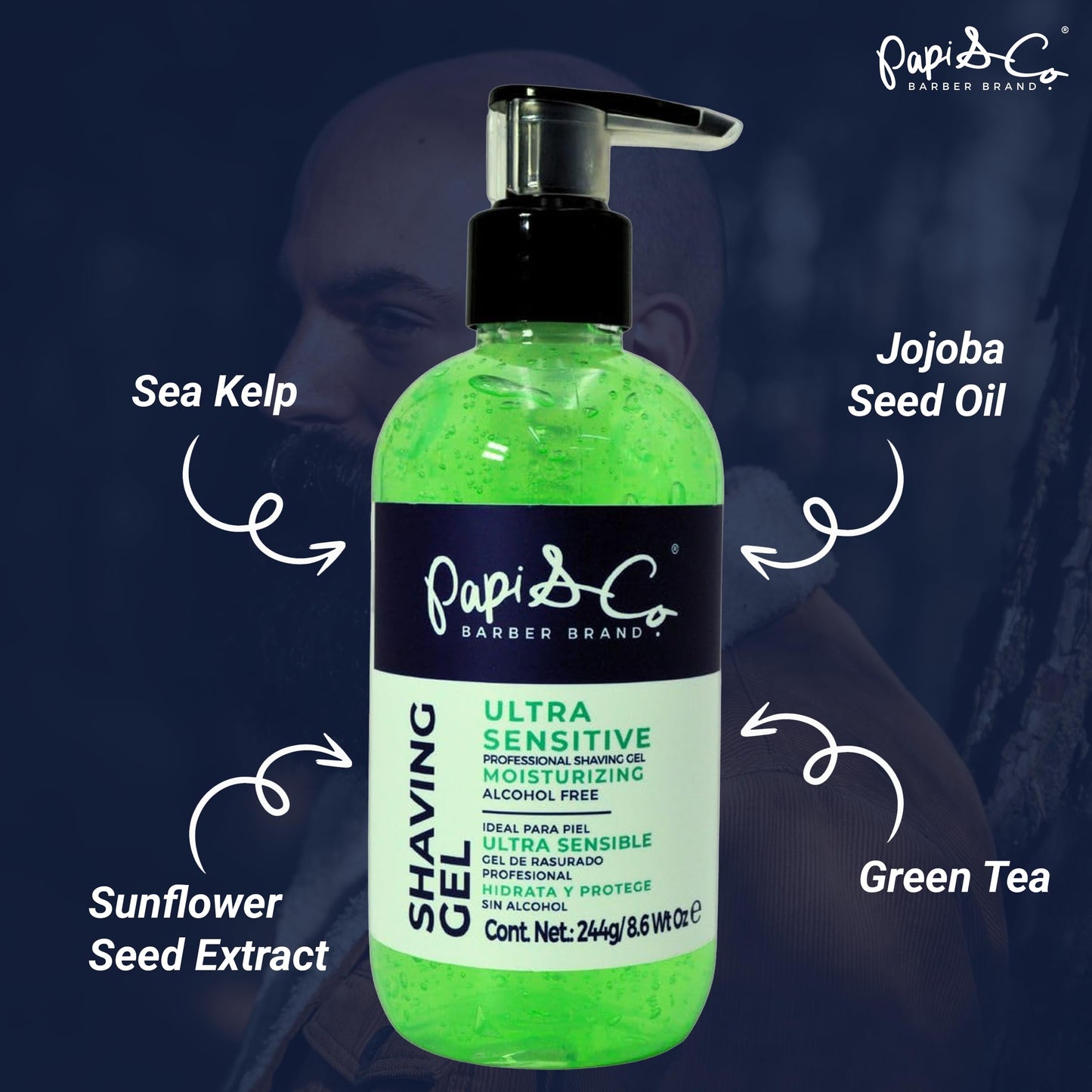 Papi & Co. Shave Gel Men – Sensitive Skin Shaving Gel with Brazilian Mint Oil – Clear Non-Foaming Formula for Beard and Mustache – Moisturizing Barber Grooming Skincare, Alcohol-Free – 8.6oz