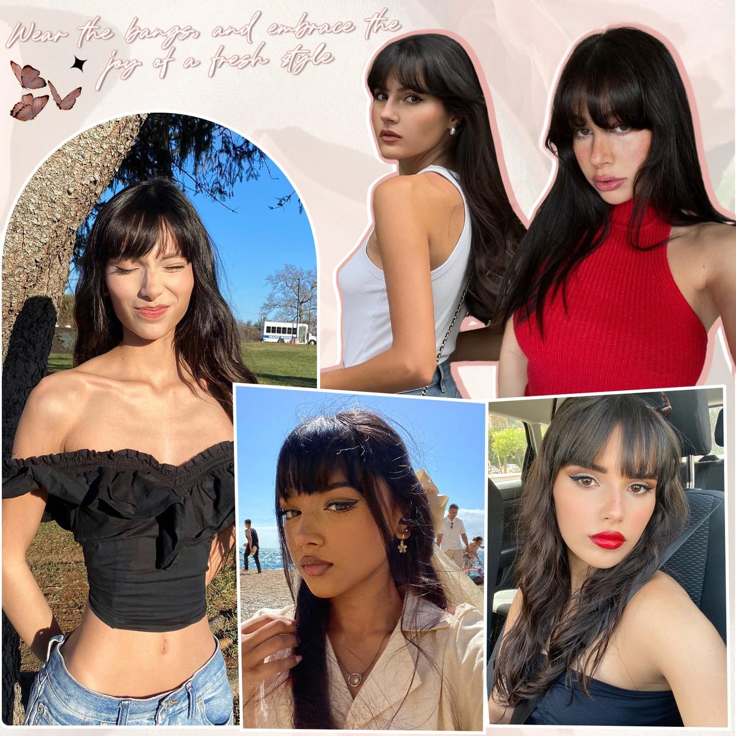 EINAEY Clip in Bangs, 100% Real Human Hair Natural Black Fake Bangs Clip in Hair Extensions Wispy Bangs Fringe with Temples Hairpieces for Women Curved Air Bangs for Daily Wear