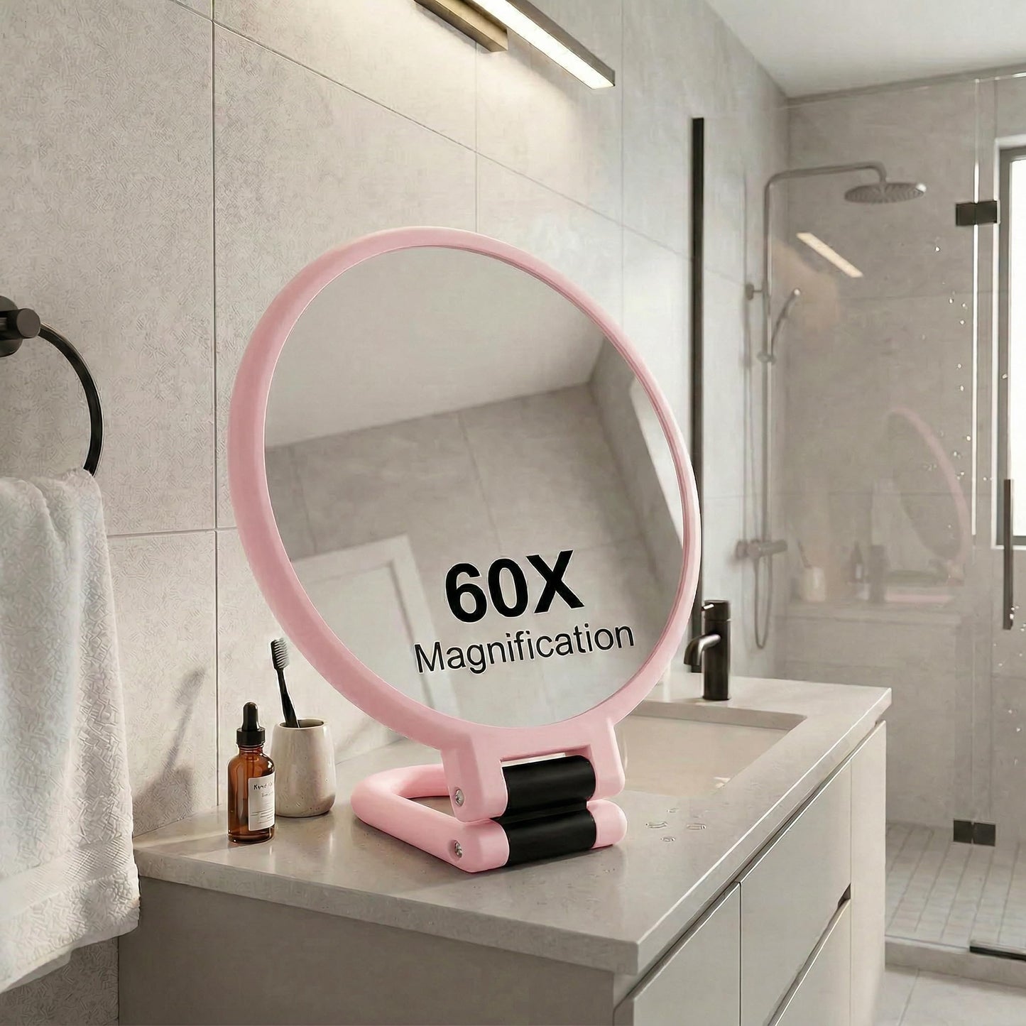 Magnifying Handheld Mirror Double Sided, 1X and 60X Magnification Hand Mirror, Travel Folding Hand Held Makeup Mirror with 360° Rotation Pedestal for Vanity, Dressing Table and Daily Use Pink
