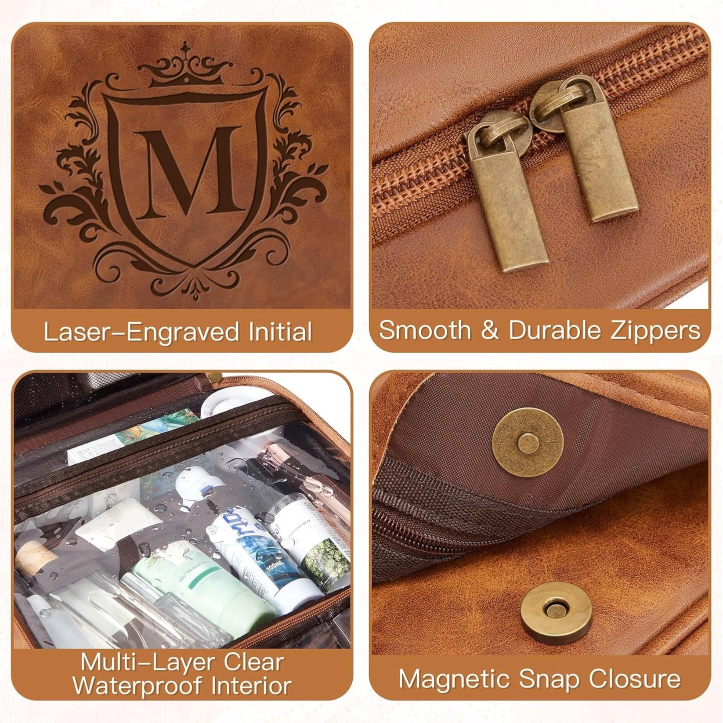 Personalized Toiletry Bag for Men - Large Waterproof PU Leather | 3-in-1 Shaving Kit with Laser-Engraved Initials - Light Brown M