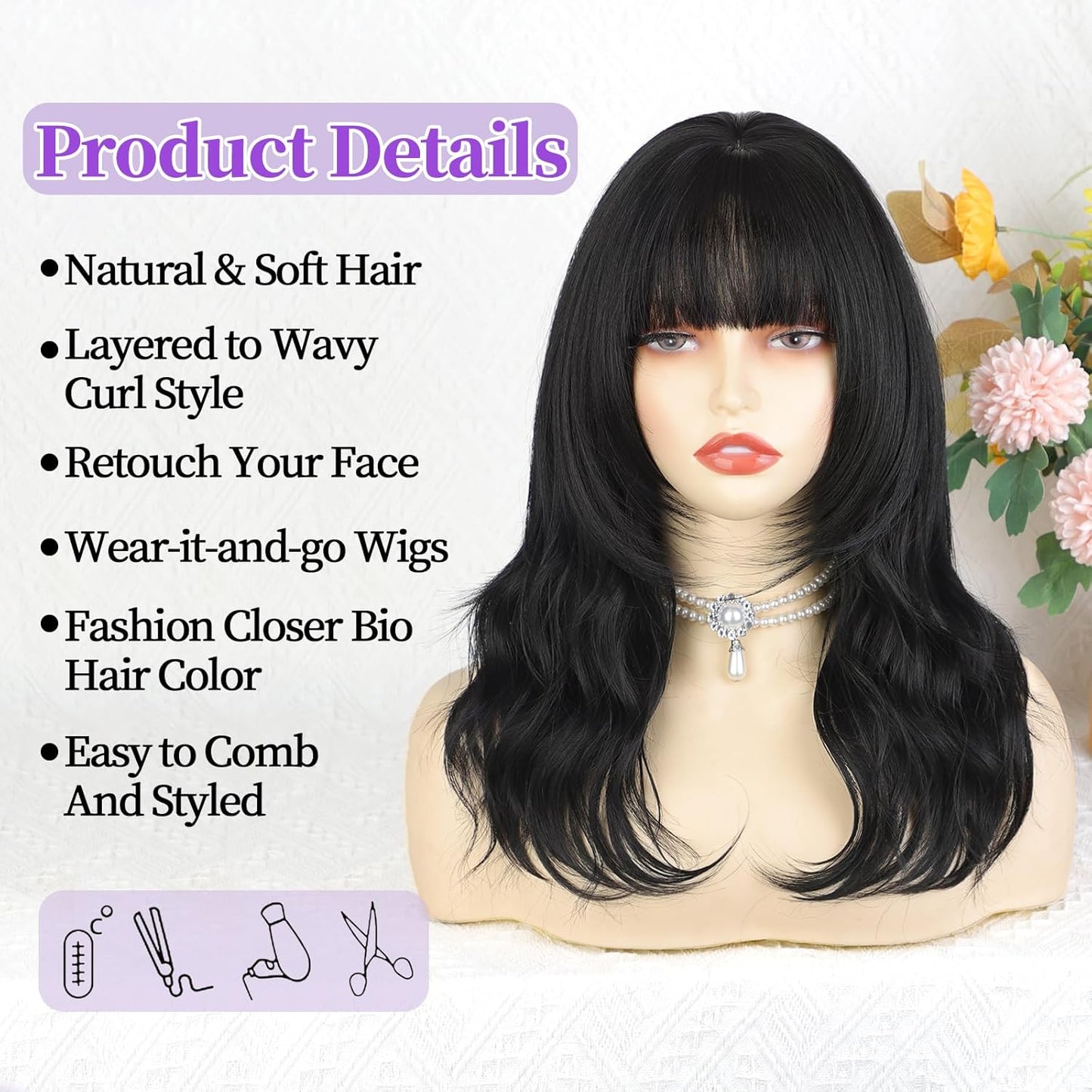 Black Wig with Bangs - 4x4 Realistic Scalp Layered Wavy Synthetic Wig | 18 Inch Natural Look for Daily Use