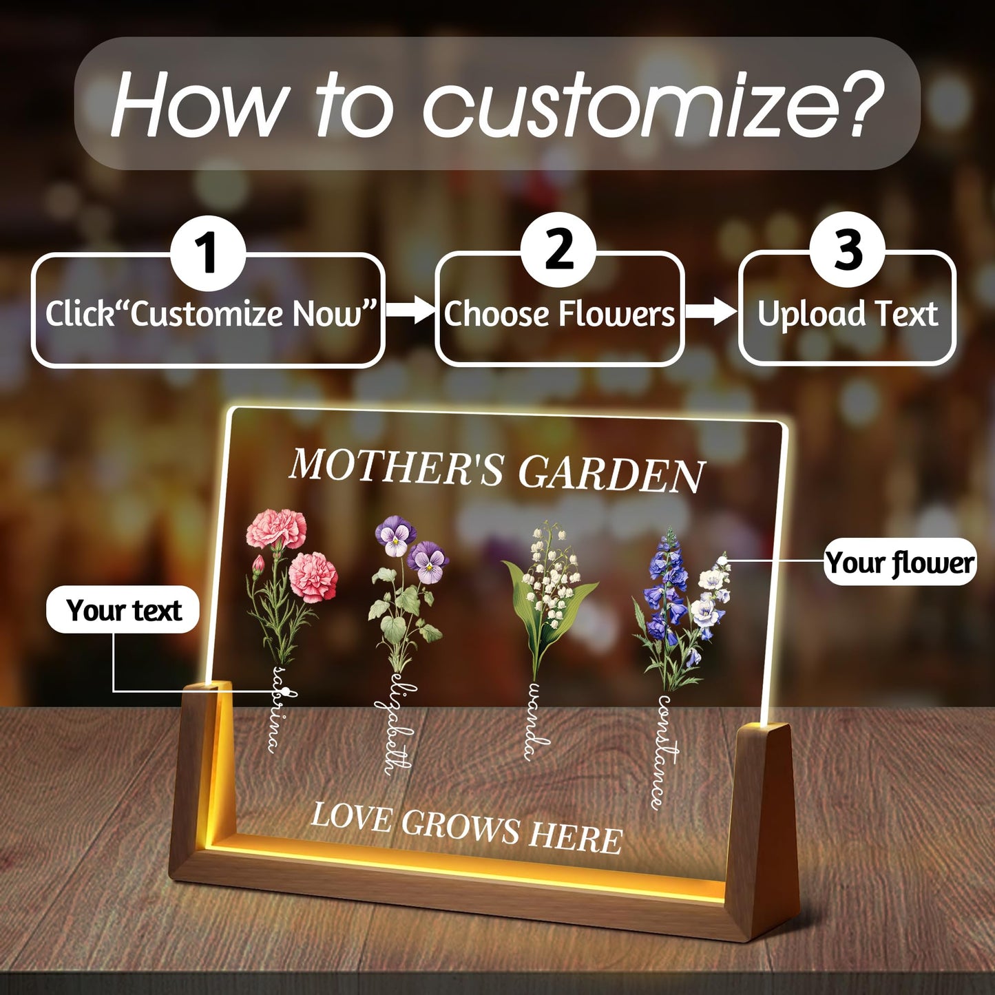 Bohva Personalized Mothers Day Birthday Gifts For Mom Grandma Wife, Custom Mom Gifts From Daughter Son, Customized Birth Flower Mothers Garden Plaque Light Up Picture Frame For Mama Grandma Gift