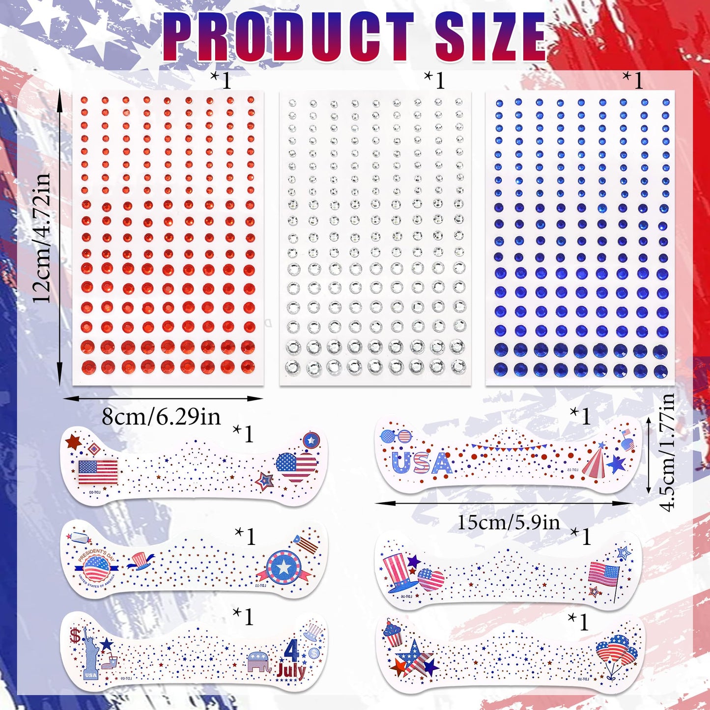 RODAKY Blue Red Face Gems 4th of July Temporary Tattoos Sticker Mixed Size Rhinestones Gems Sparkle Patches for Festival Make Up Women Girls