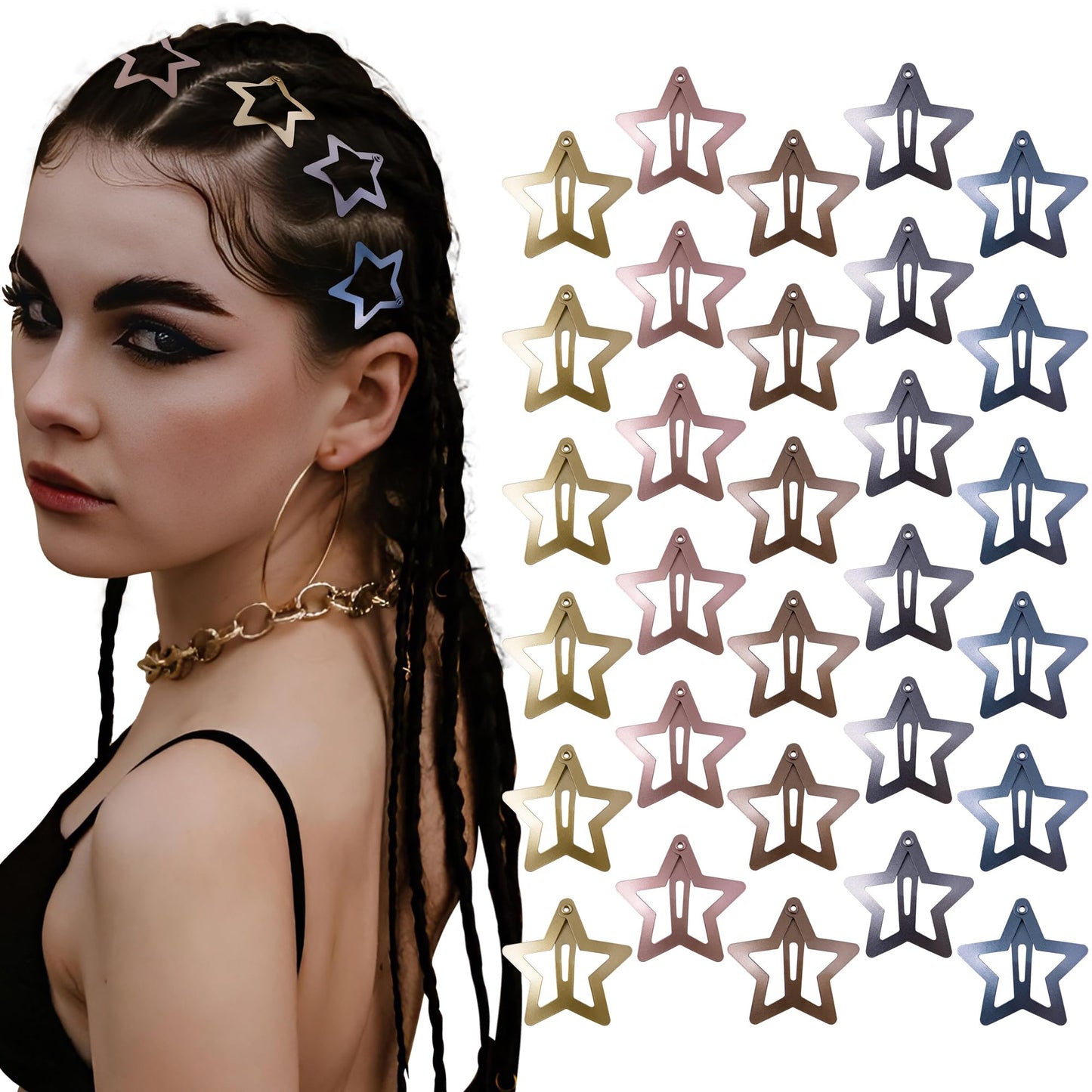 Cptots 30 Pcs Metal Star Hair Clips 2000s Y2K Snap Barrettes 1.25 In Non Slip Star Hair Accessories for Women,Metallic Blue Red Gold