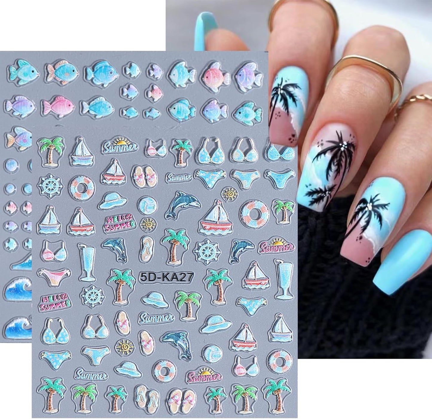 5D Ocean Nail Stickers - Tropical Beach Nail Art Decals | Blue Wave, Fish & Sailboat Designs - 2PCS