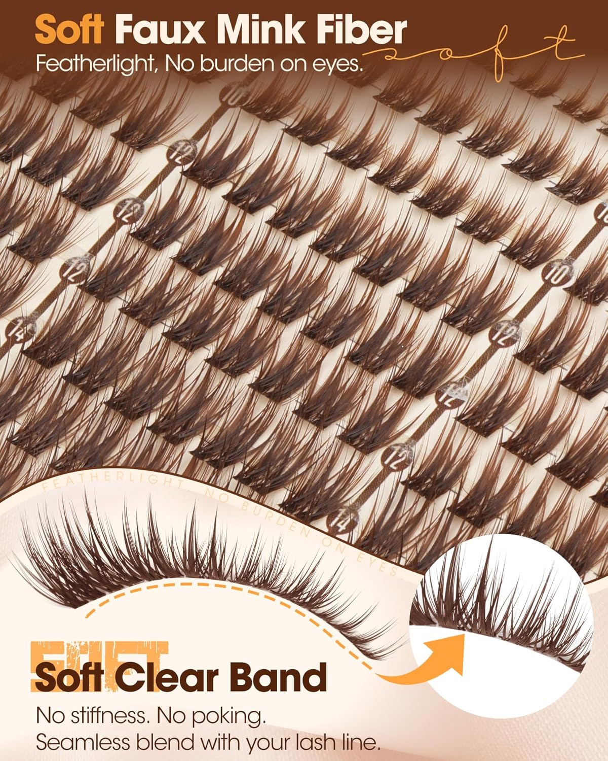 Brown Lash Clusters - Wispy Wet Set Eyelash Extensions 8-14MM | Doll-Like C Curve & Soft Brown Band, 189Pcs Individual Lashes