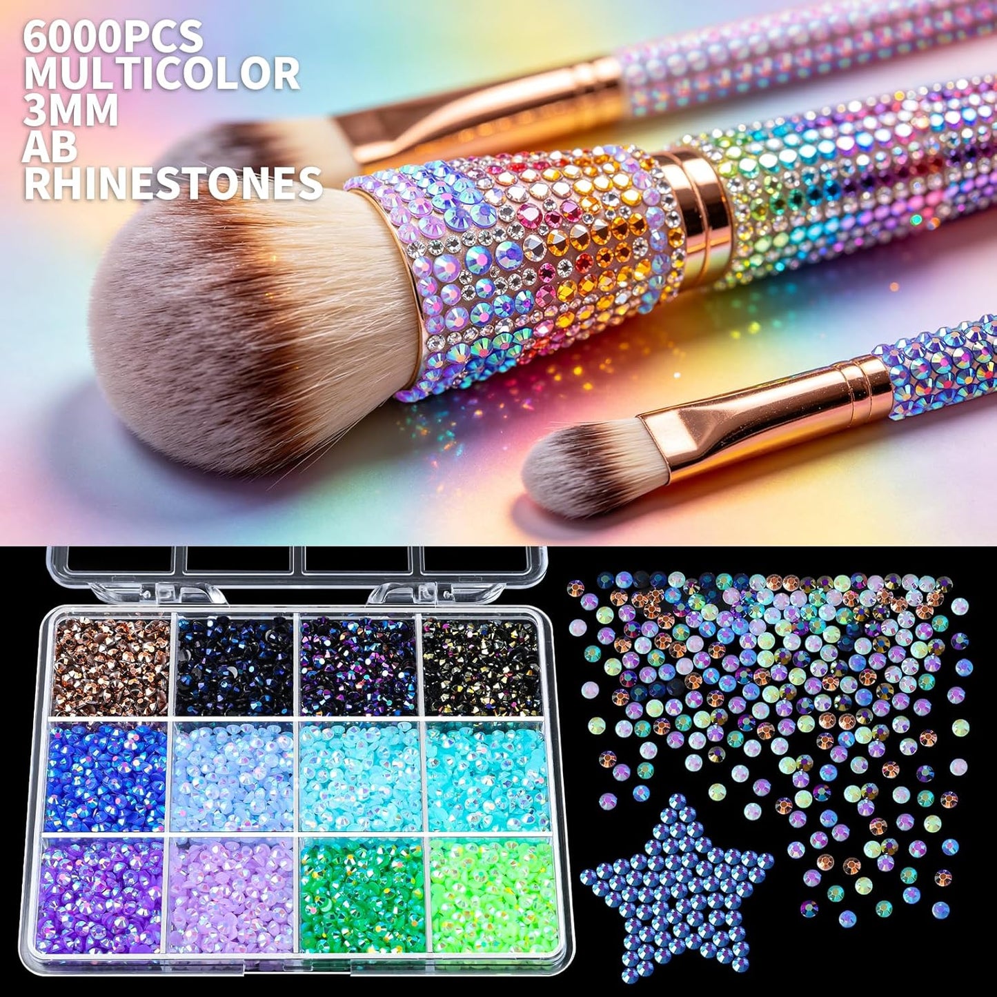 Bedazzling Rhinestone Kit - 25000PCS Multicolor AB 3mm Flat Back Gems for Crafts | Includes 3PCS Jewelry Glue