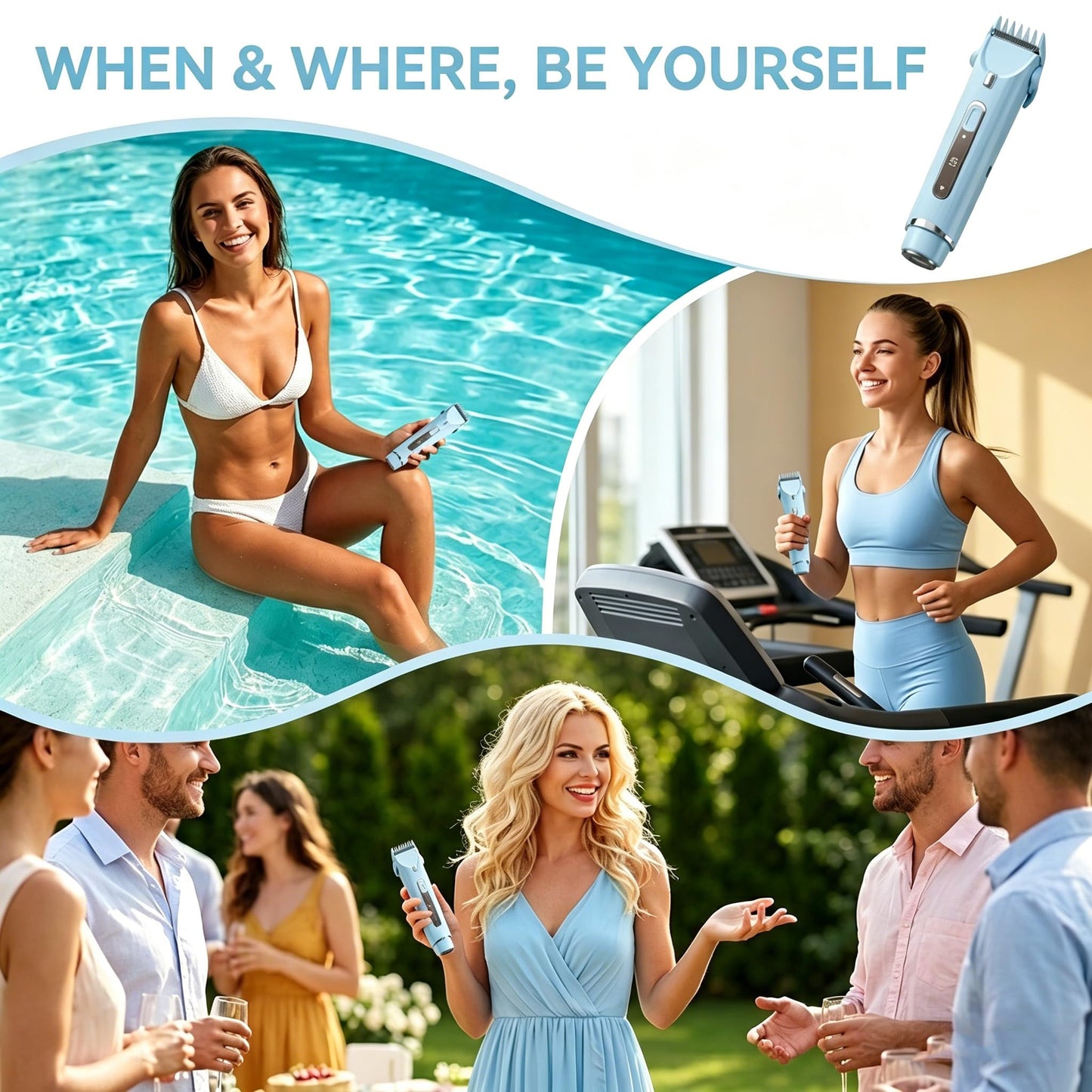 OGLEA Bikini Trimmer for Women, 2 in 1 Electric Razor with LED Light & Battery Display, Rechargeable Cordless Hair Trimmer for Face Underarm Pubic Legs, Dual Washable Heads, Blue