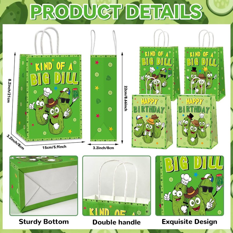 Pickle Party Favor Bags KIND OF A BIG DILL Paper Bags Big Cucumber HAPPY BIRTHDAY Gifts Bag Cute Cartoon Cucumber Wrapping Paper Funny Game Night Party Decorations for Adults Kids Birthday Supplies