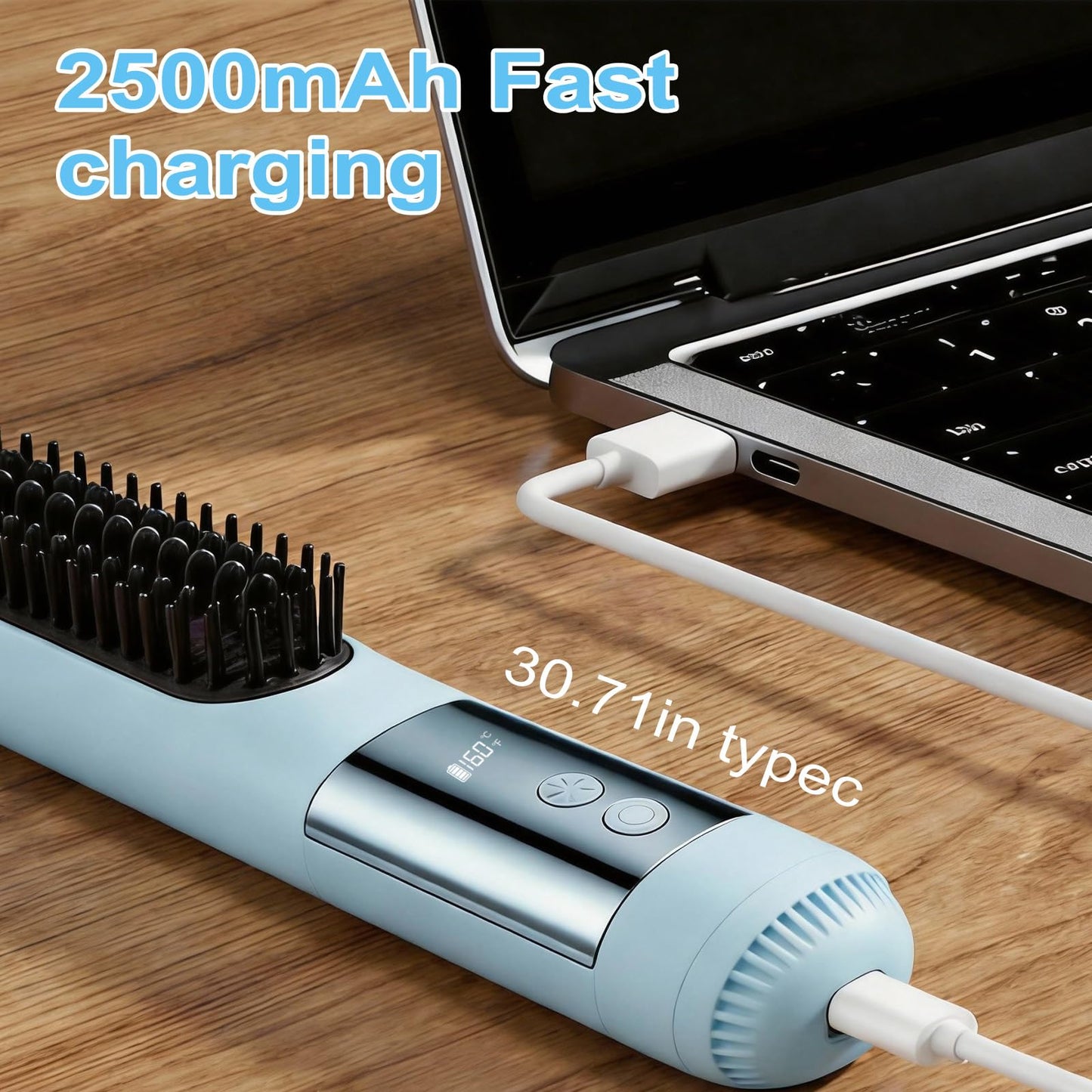 2026 New Go Brush Pro - 3 Temps Portable Cordless Hair Straightener Brush for Travel, 30s Fast Heat & Led Digital Display(°C/°F), Cool Air Setting On the Back(Blue)