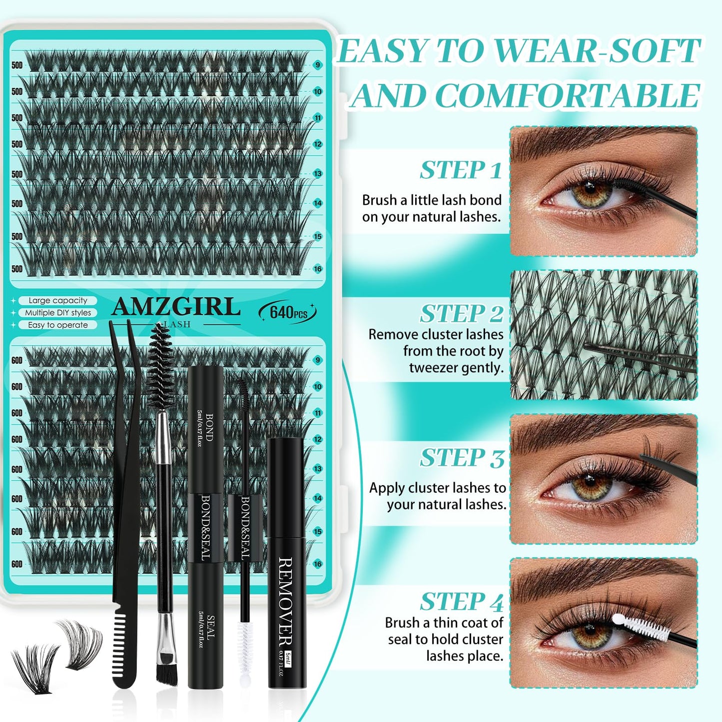 Lash Clusters Kit 640Pcs, Eyelash Clusters Extensions Kit 30D+40D+50D+60D, Lash Bond and Seal Waterproof, Lash Remover and Tweezers and Function Brush for DIY Lash Extension Kit(D-Mix9-16mm Kit)