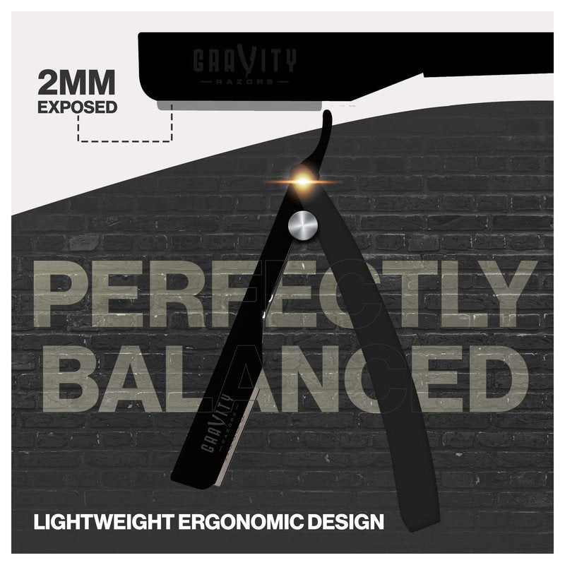 GRAVITY RAZORS Professional Straight Razor Kit – Ultra Exposure, Includes 10 Premium Blades, 2mm Exposed, Matte Black