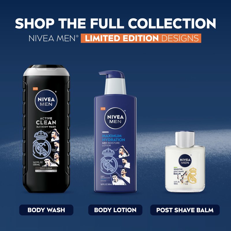 NIVEA MEN Real Madrid Limited Edition Design Sensitive Post Shave Balm, with VitaminPro Complex, Alcohol Free After Shave Balm for Men, 3.3 Fl Oz Bottle
