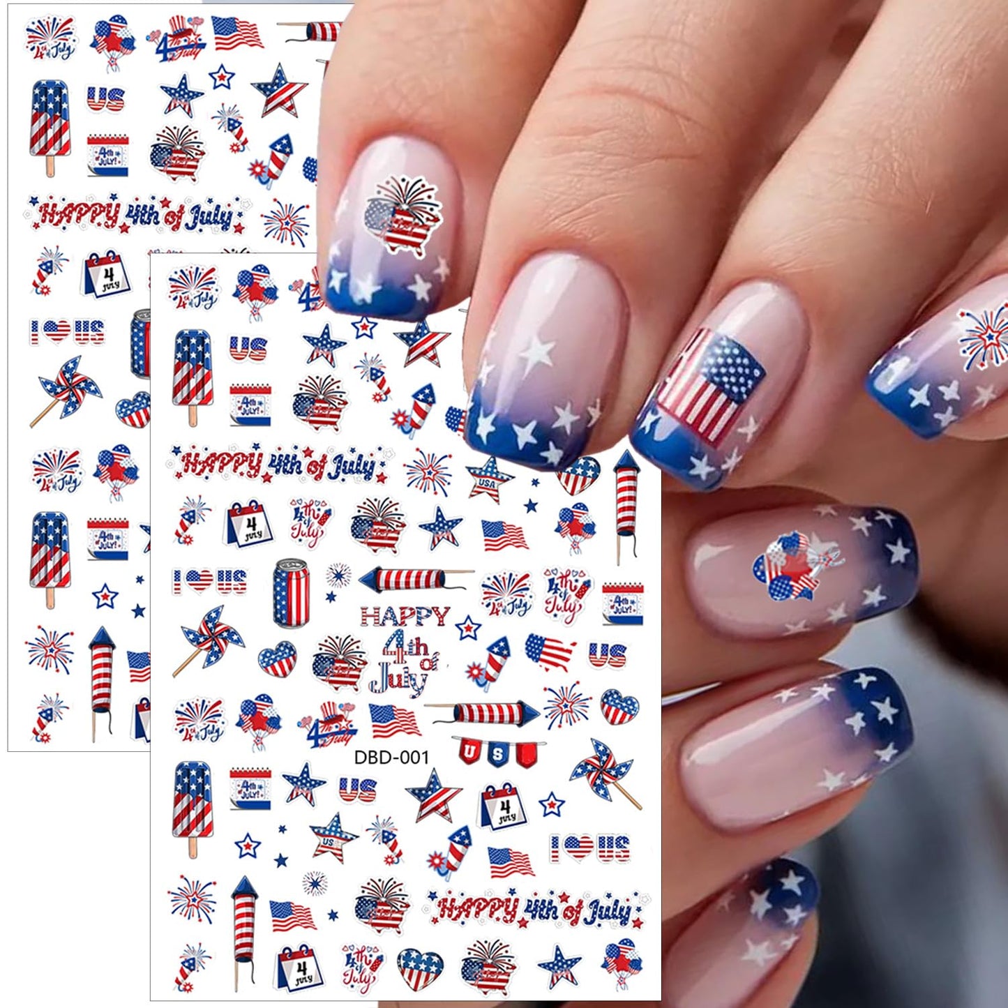 6 Sheets 4th of July Nail Stickers for Nail Art 3D Self-Adhesive American Flag Nail Art Stickers Independence Day Star Rocket Nail Decals Fourth of July Patriotic Nail Design Stickers for Women