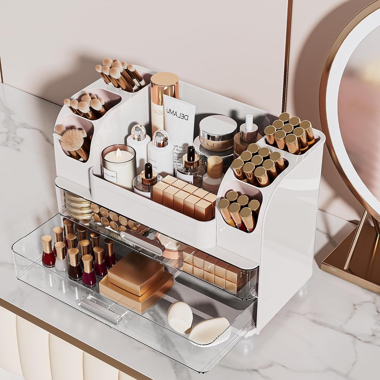 Large Makeup Organizer - 6 Brush Holders & 2 Drawers | White Vanity Storage for Skincare, Lipsticks, and More