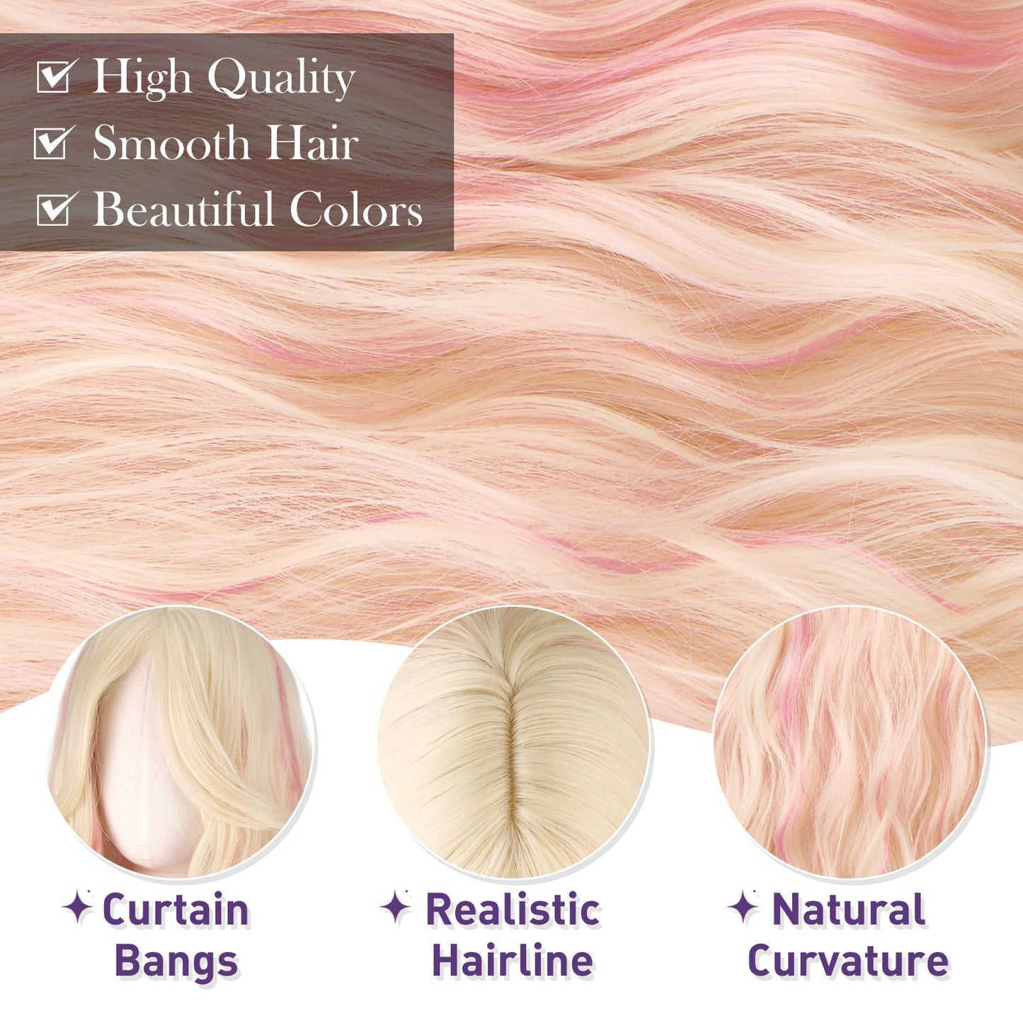 Haloo Blonde Wigs with Curtain Bangs for Women - Long Wavy Middle Part Natural Looking Synthetic Hair Wig for Daily Party Cosplay Costume, 26 Inch Blonde Mixed Pink