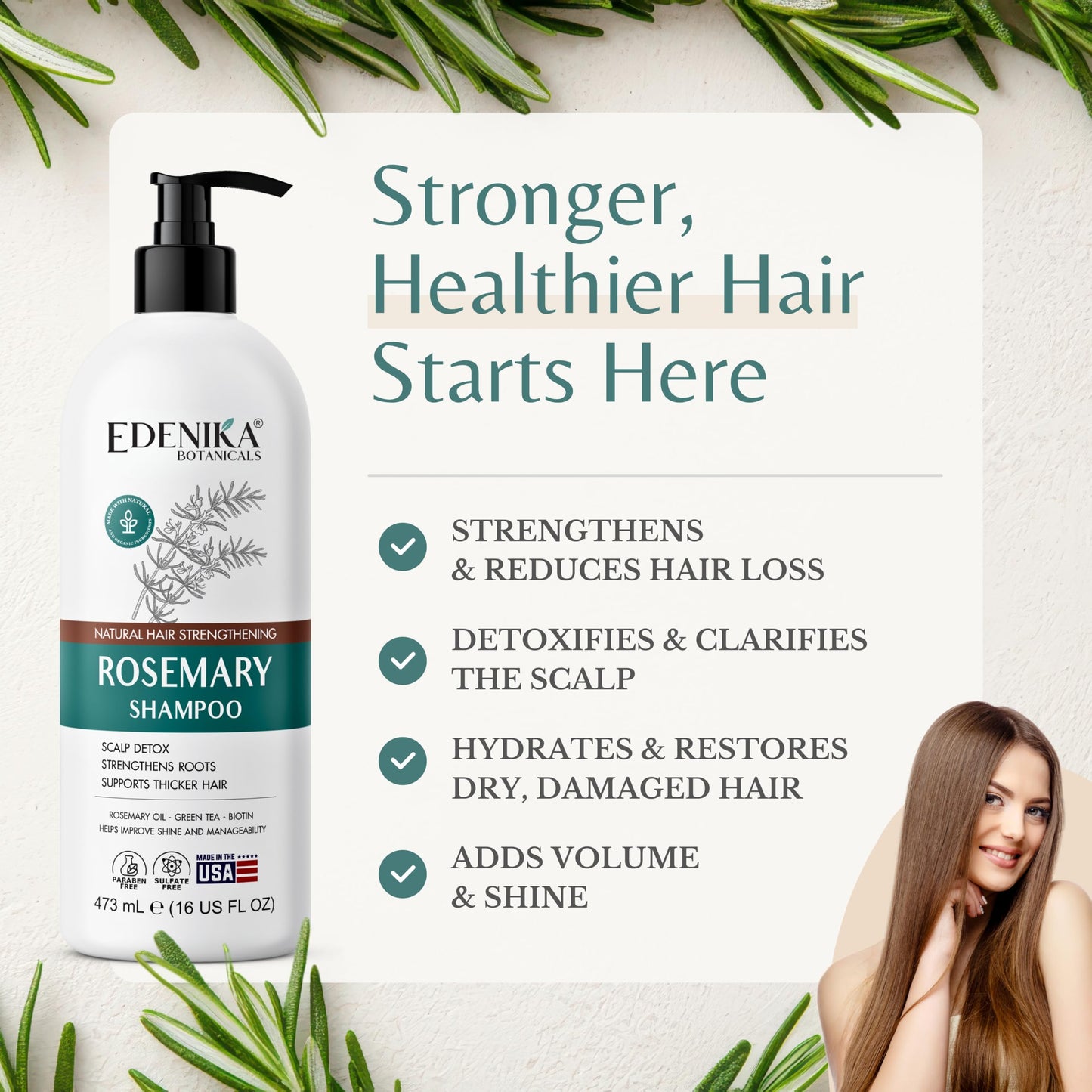 Edenika Botanicals Rosemary Oil Shampoo with Biotin for Thinning Hair & Anti-Hair Loss, Strengthening Botanical Formula, Women & Men, Sulfate-Free, Organic, 16 fl oz