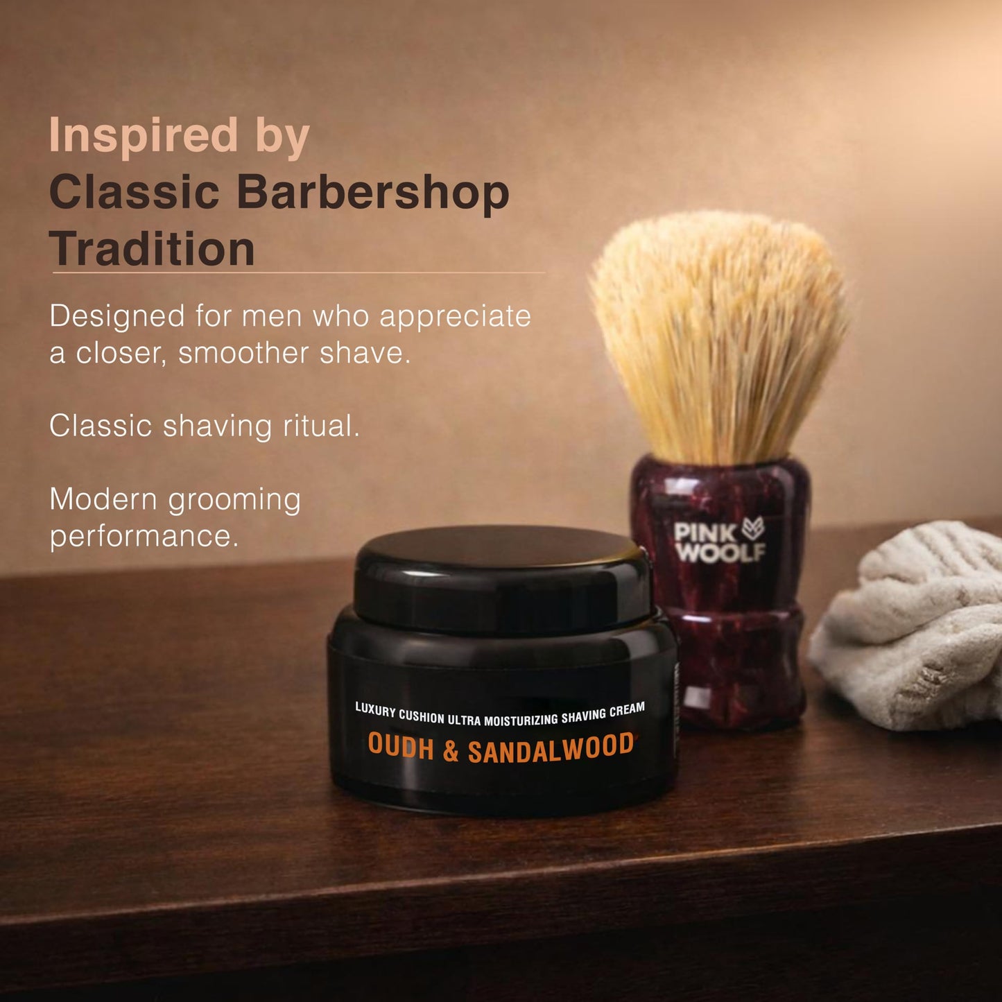 Pink Woolf Shaving Cream for Men, Rich Lather Wet Shave Cream for Shaving Brush, Smooth Razor Glide, Softens Beard, Oudh & Sandalwood Barbershop Scent, Traditional Shave Cream Jar, 3.5 oz