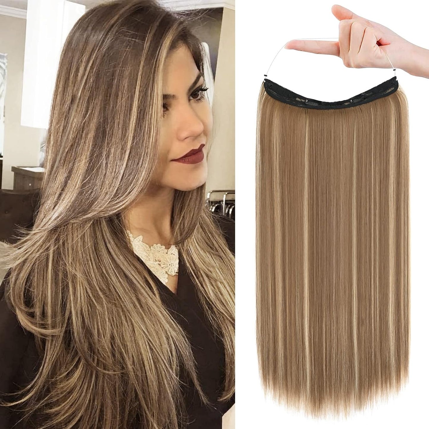 Invisible Wire Hair Extensions - Adjustable Transparent Headband with Secure Clips | Natural Black Hairpiece for Women
