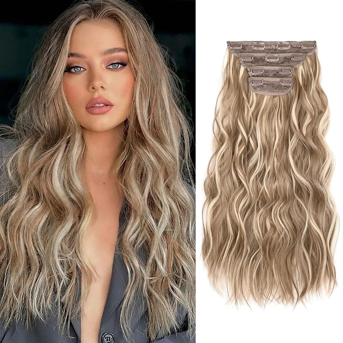 Clip-In Hair Extensions - 4PCS Natural Soft Synthetic Hairpieces for Women | Chocolate Brown