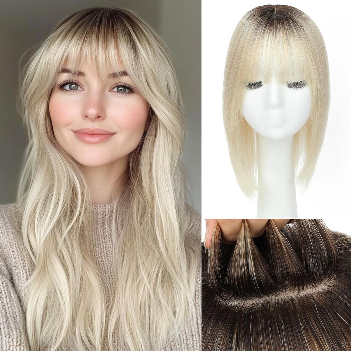 Aimeolyn Hair Toppers for Women - Real Human Hair 12-Inch Wiglets with Bangs | Natural Skin Scalp for Thinning Hair