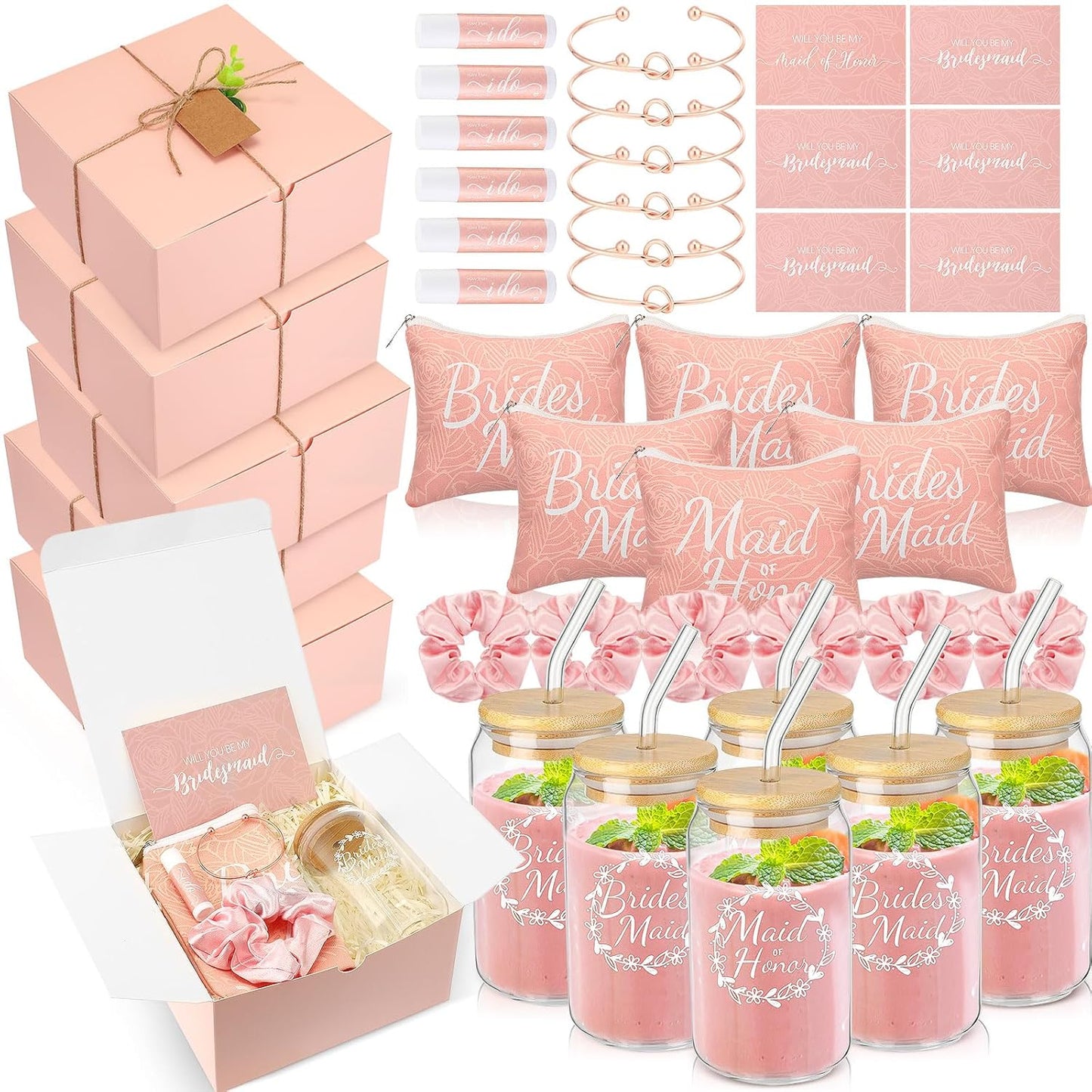 Bridesmaid Proposal Gifts - 54 Pcs Set with Makeup Bag, Glass Cup & Bracelet | Green & White
