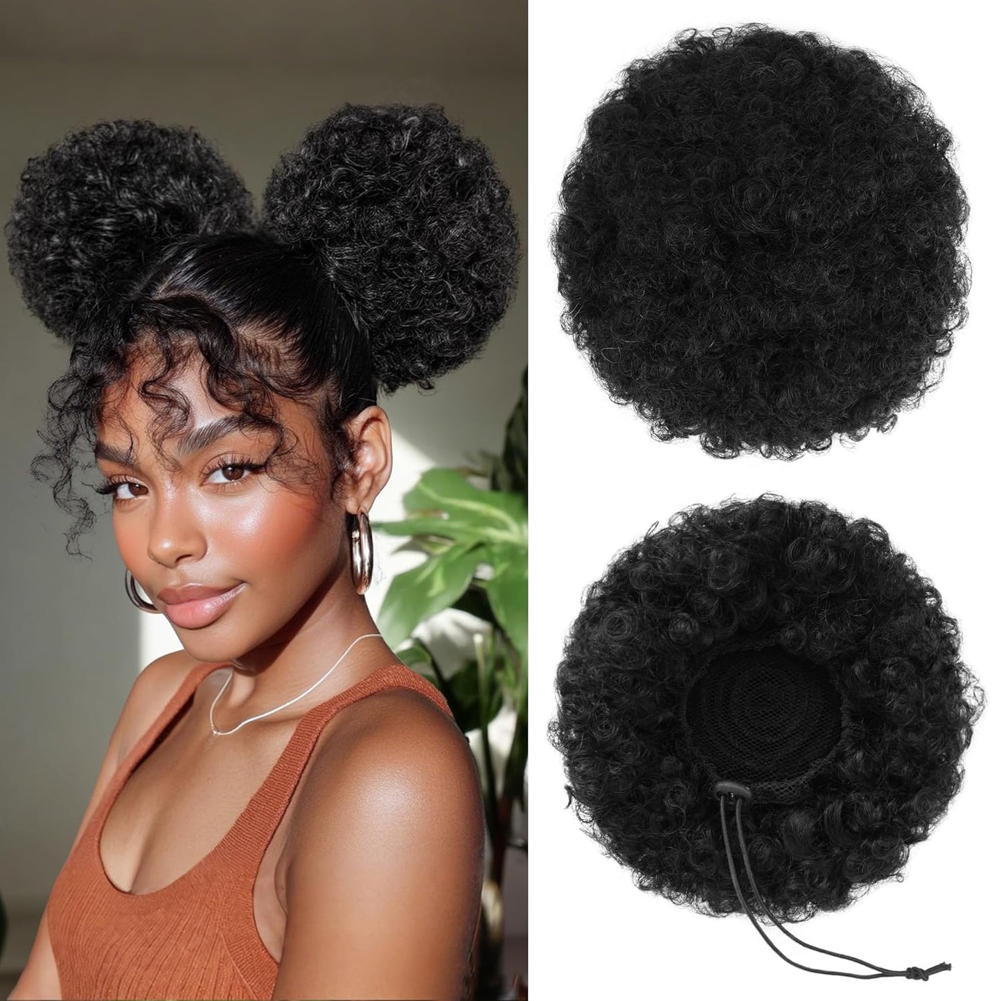 Human Hair Afro Puff Drawstring Ponytail - Kinky Curly Short Extensions for Black Women | Medium Size - 1B Natural Black