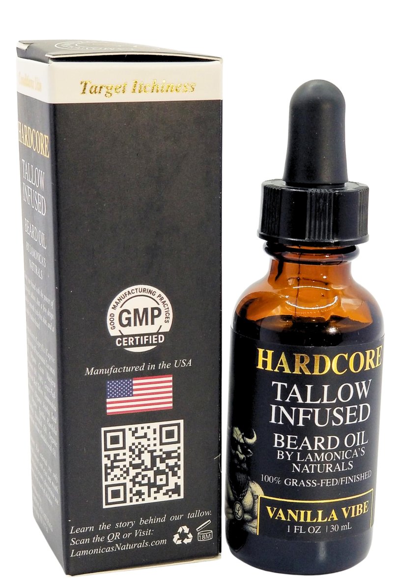 LAMONICA'S NATURALS Beard Oil for Men –TALLOW-INFUSED, Softens & Moisturizes Beard – Organic Sanadalwood + USDA Vanilla Scent – Veteran-Owned Grooming – HARDCORE