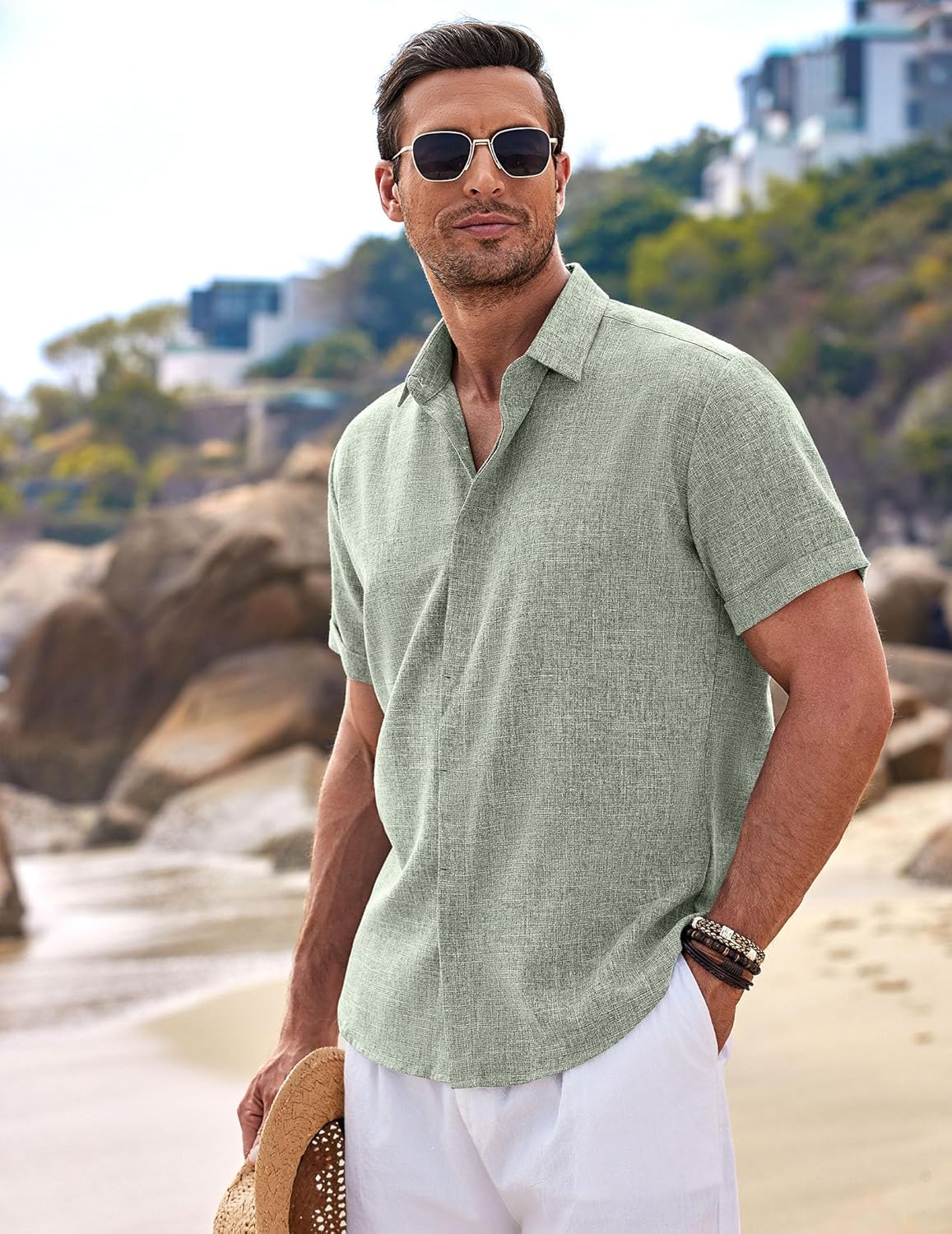 Men's Linen Short Sleeve Button Down Shirt - Casual Summer Beach Wedding Attire