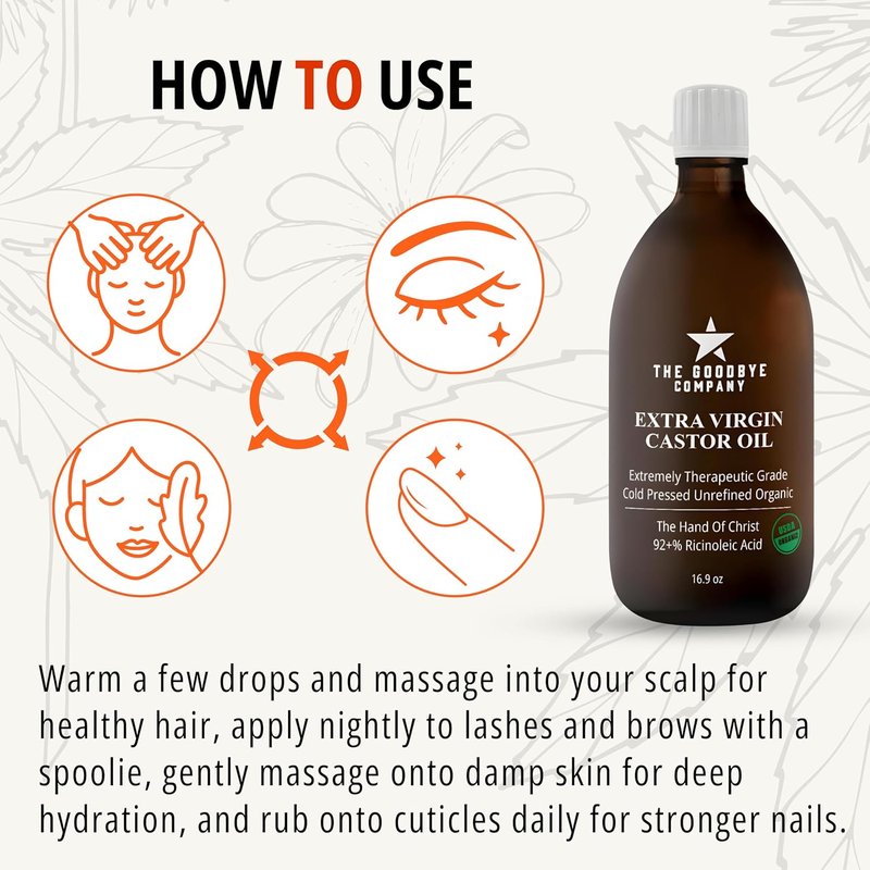 USDA Organic Cold-Pressed Castor Oil - Extra Virgin, Hexane-Free | 16.9 oz Amber Glass Bottle for Hair, Skin & Lashes