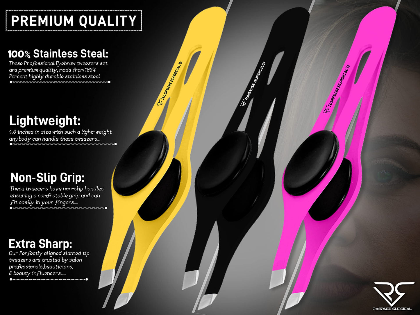 Professional Eyebrow Tweezers Slanted Tip Stainless Steel 2,3xPcs Set, Non-Slip Grip Slant Tip Tweezers for Facial Hair, Plucking Removing Ingrown Hairs, Tweezer for Women Men (Black&Pink&Yellow)