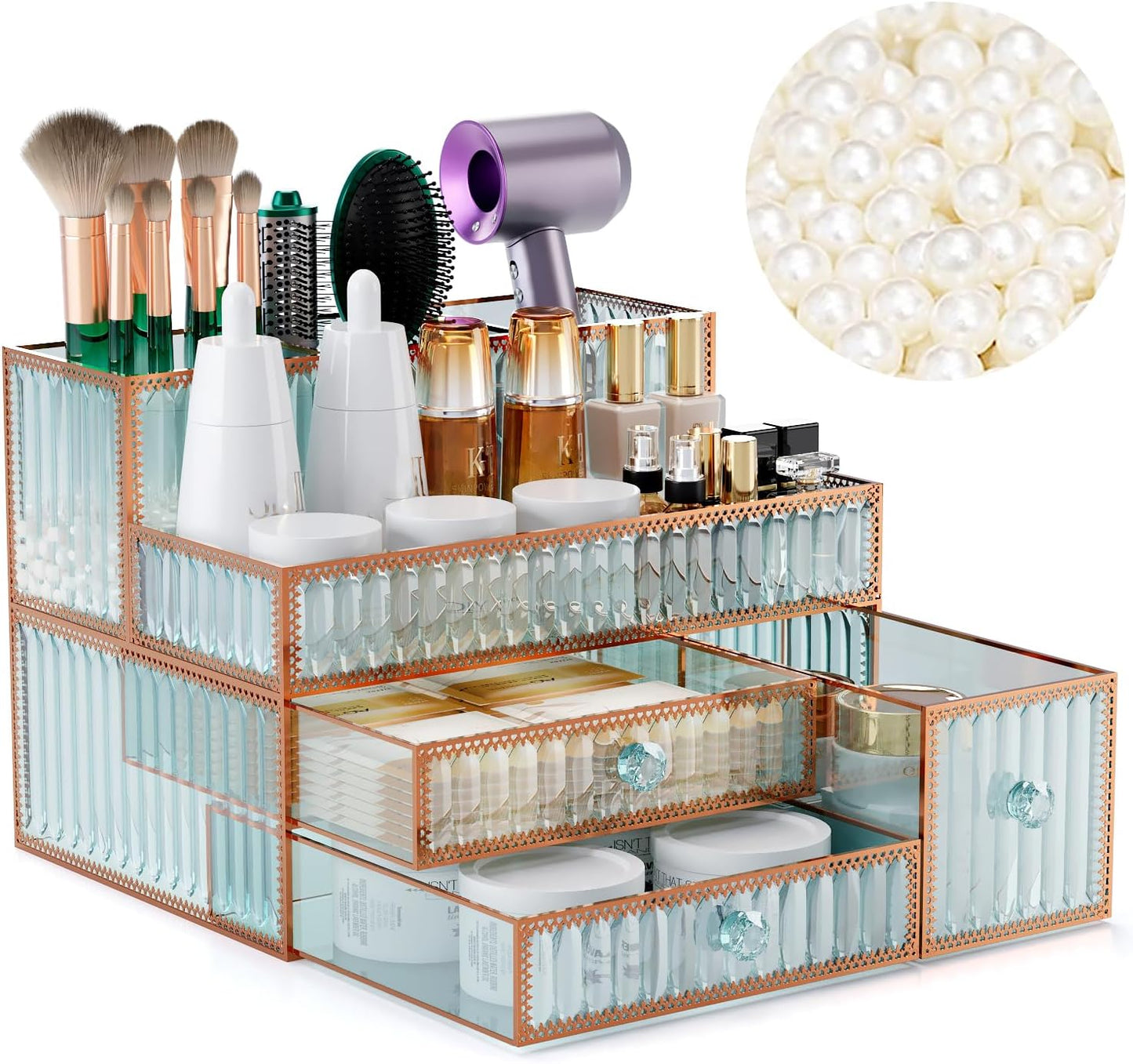 Makeup Organizer - Tempered Glass Vanity Storage for Cosmetics, Skincare & Hair Tools | Multipurpose Countertop Organizer