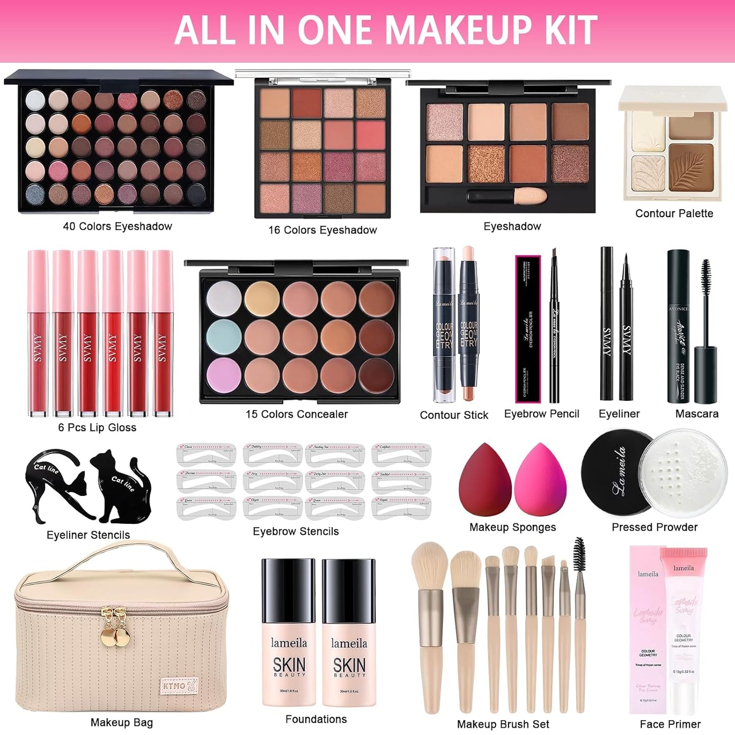 All-in-One Makeup Kit for Women - Complete Gift Set with Eyeshadow Palette, Foundation, Eyeliner & Brushes | Ideal for Teens & Girls
