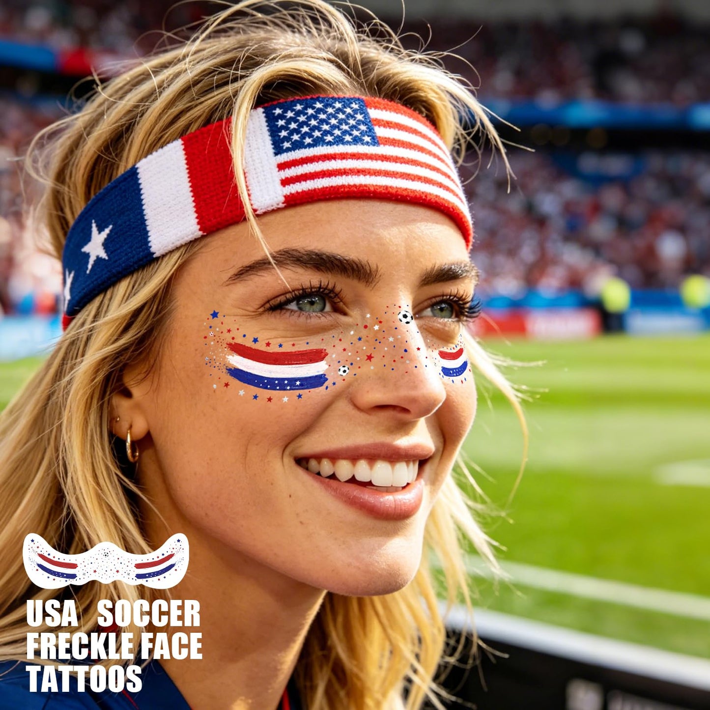 VXZ Red White Blue USA Soccer Fan Freckles Face Tattoo - Tricolor Brushstroke Temporary Tattoos | Waterproof Sports Sparkle Stickers for Football Matches & Game Day Celebrations (8 Sheets)