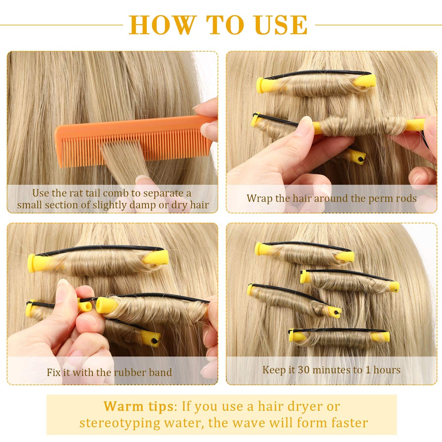 Plastic Curlers Set - 48 Pieces with Steel Pintail & Rat Tail Combs for Cold Wave Perming | Yellow & Orange, 0.28 Inch