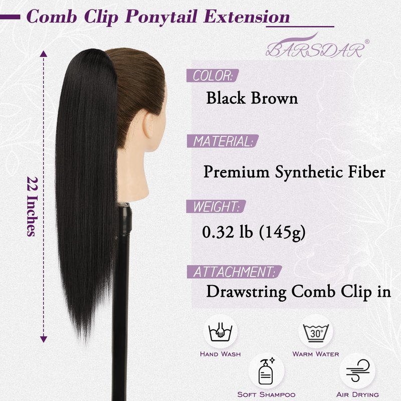 BARSDAR Black Brown Straight Drawstring Ponytail Extension - 22 Inch Long Straight Drawstring Ponytail Extension Natural Looking Fluffy Soft Synthetic Cheer Posh Pony Tails Hairpieces Daily Party