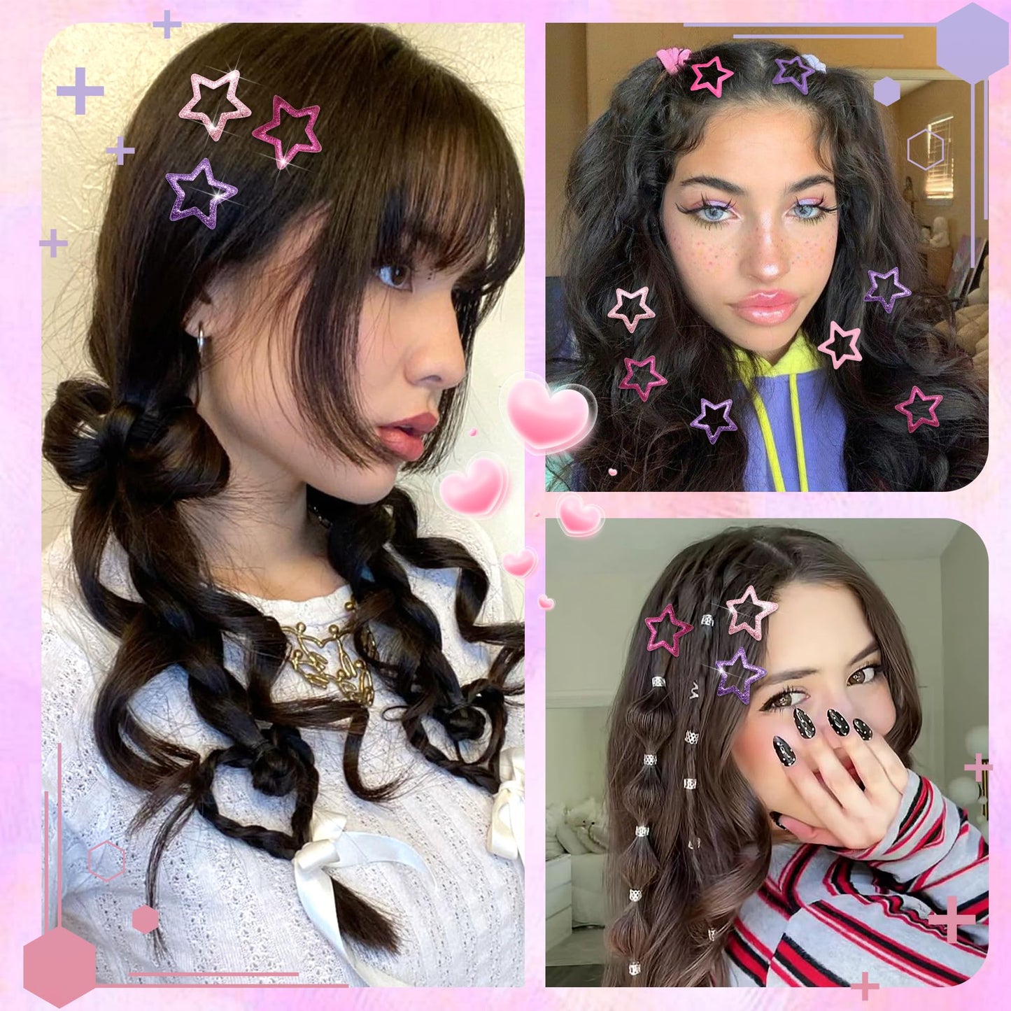 NAISKA 24PCS Purple Pink Star Hair Clips Kawaii Glitter Hair Barrettes 6 Styles Sequins Non Snap Clips for Girls Metal Hair Pins Y2K Accessories for Women