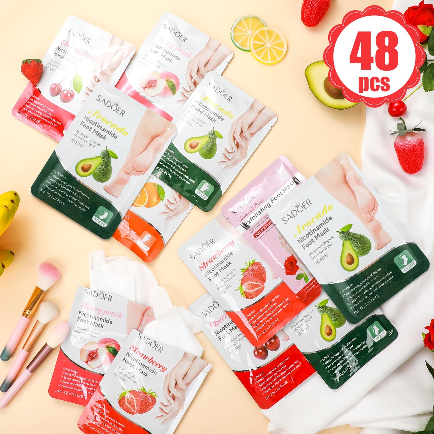 Swiffen 48 Pcs Fruits Beauty Hand Foot Mask Bulk Hydrating Hand Foot Moisturizing Gloves Shea Butter Aloe Mask for Spa Skincare Beauty Kits Self Care Gift for Women Girl Sister