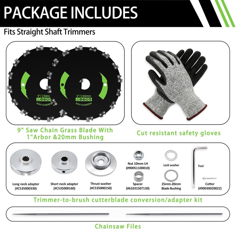 Brush Cutter Trimmer Conversion Kit with 9" x20T Carbon Steel Chainsaw Brush Cutter Blades, Includes, Files, Gloves, Compatible with Echo Models SRM-225, SRM-225i, SRM-266, SRM-280
