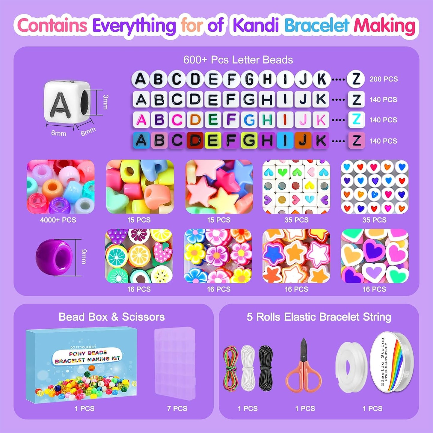 Pony Beads Kit - 5000 Pcs in 144 Colors | 6x9mm Kandi Beads for Friendship Jewelry & DIY Crafts